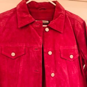 Hot pink suede jeans cut jacket.